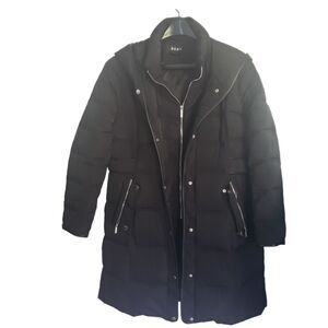 DKNY Winter Puffer Coat Black Hooded Large Knee Length Double Pockets Bib Front